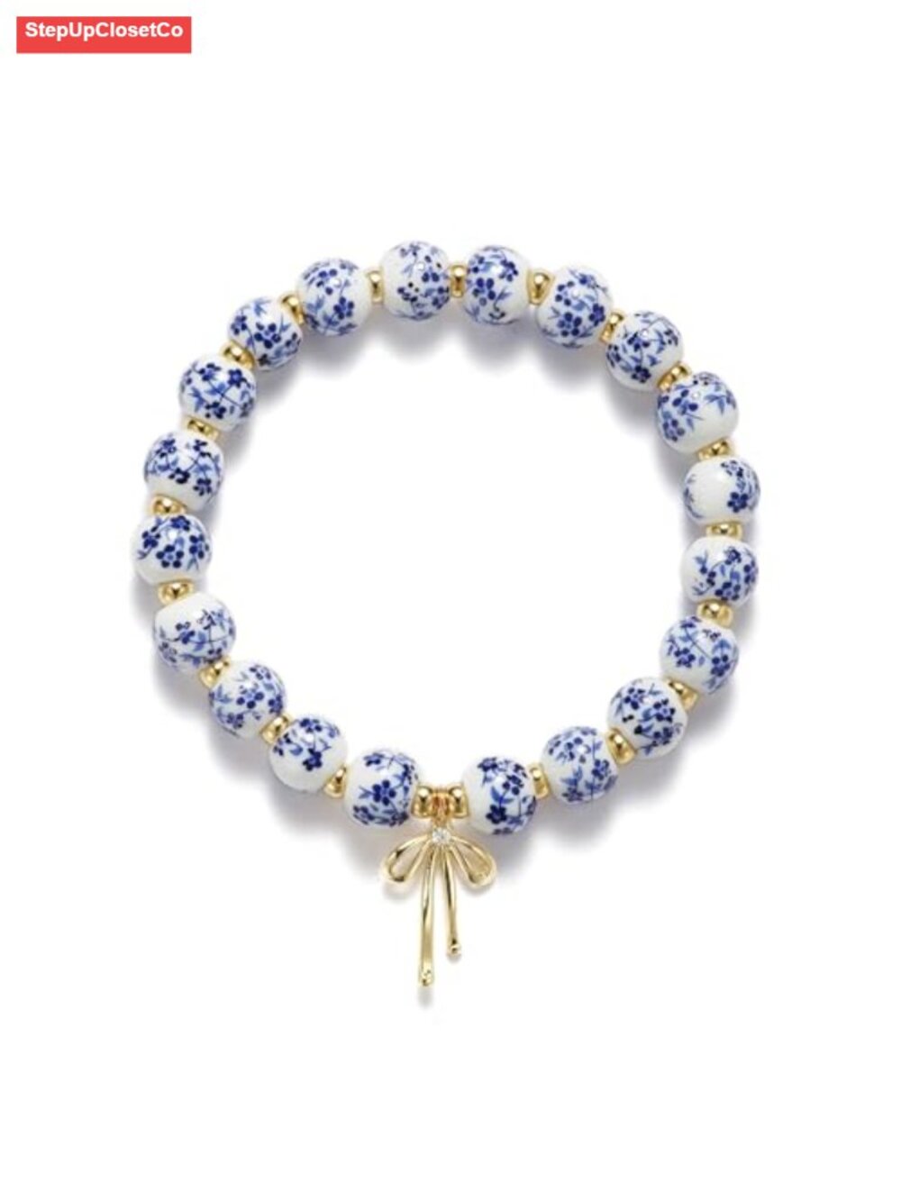 Handmade Beaded Bracelet with Bow Charm, Gold Plated Jewelry
